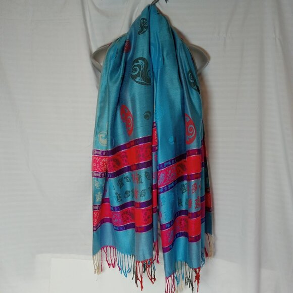 100% Pashmina Women Scarf Wrap Blue Pink Purple 70" x 27" Paisley - Picture 2 of 16